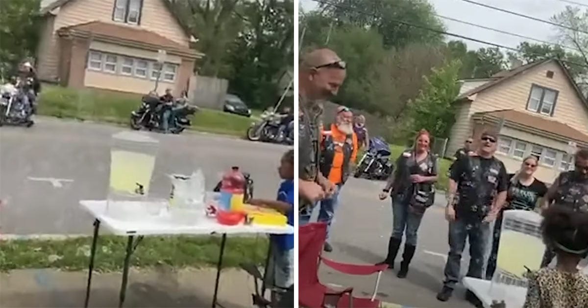 Motorcykelgäng vid lemonadstånd